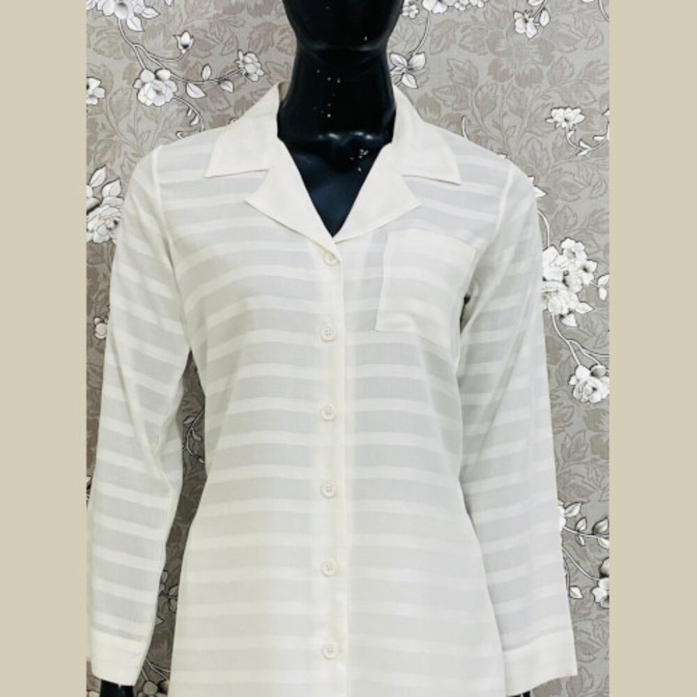 SoieRose Women's 100% Cotton White Self-Stripe Pajama Set - SR-1067 - Picture 2 of 4